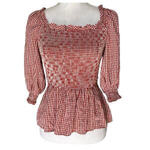 Max Studio Burnt Orange Cream Plaid Ruffle Top Small